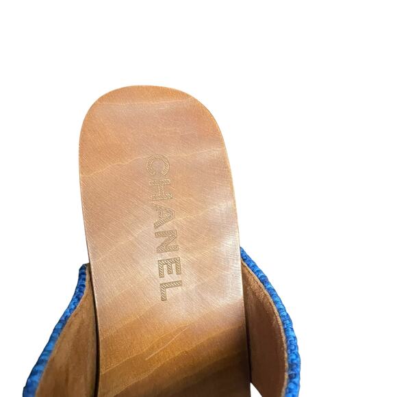 Chanel Chain Platform Slide Sandals Tweed Wood Heel Blue Brown Womens 40 / US 9 - Picture 5 of 14